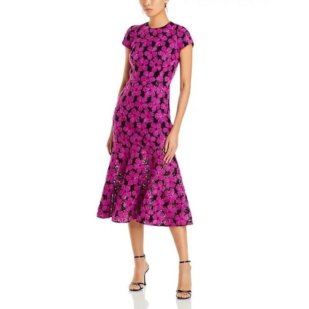 Milly Tahlia Midi Dress Size 6 Pink Black Floral Sequins Embroidery Lace